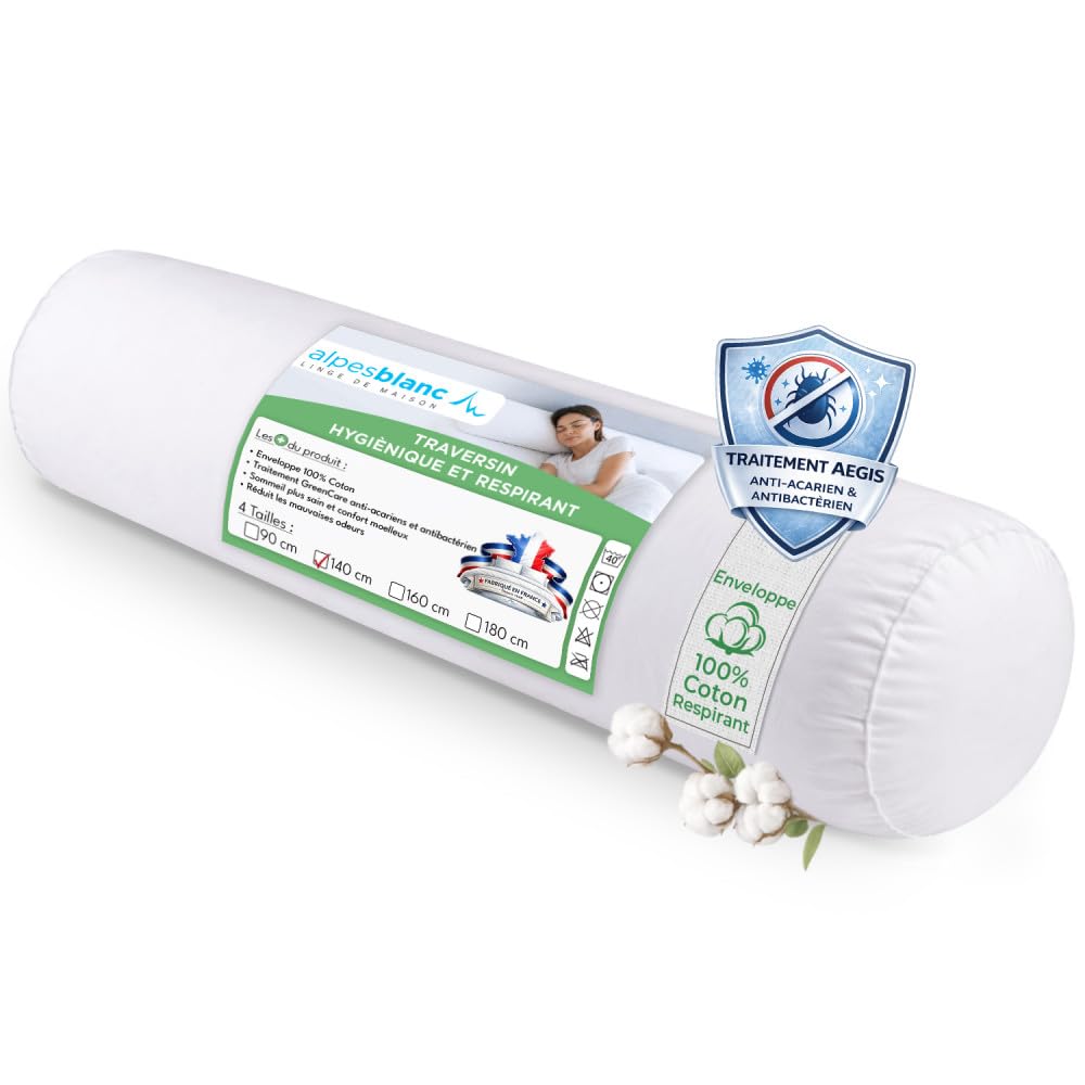 Alpes Blanc - Anti-mite bolster - 140 cm - Comfortable - Aegis treatment reduces bad odours - Washable - Made in France