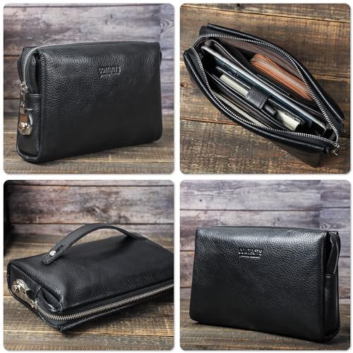 Image of Top Grain Genuine Leather Handbag Wallet for Man & Woman, Handmade Retro Design, Combination Lock & Retractable Hand Strap & Multi Pockets /Slots, Portable RFID for Cards /Checks /Phone /Banknote, Black