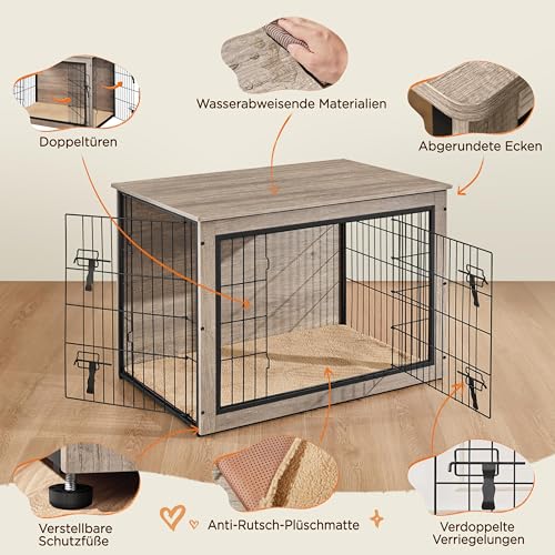 Yaheetech Hundekäfig Möbel mit Hundedecke & 2 Türen, Hundebox für Zuhause, Moderne Hundehütte Indoor, Hundebox Holz für Wohnzimmer, 96x65x68 cm, Grau