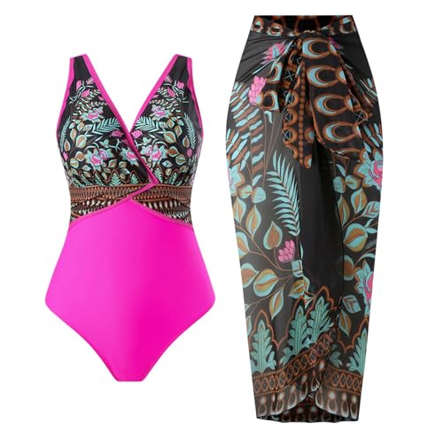 2025 Fashion Bikini Set para las Mujeres Moda Mujeres Bikini Conjunto 2 Boho Vintage Impresión Halter Strappy Trajes de baño con Bikini Maxi Wrap Falda Bikini, Rosa Accesso, XXL