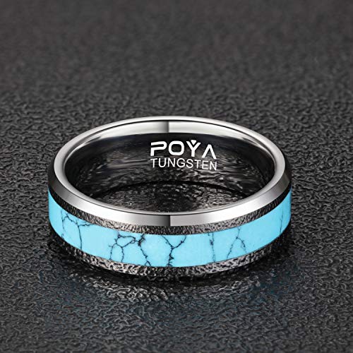 POYA 8mm Tungsten Wedding Band Turquoise Rings for Men Beveled Edges Comfort Fit4