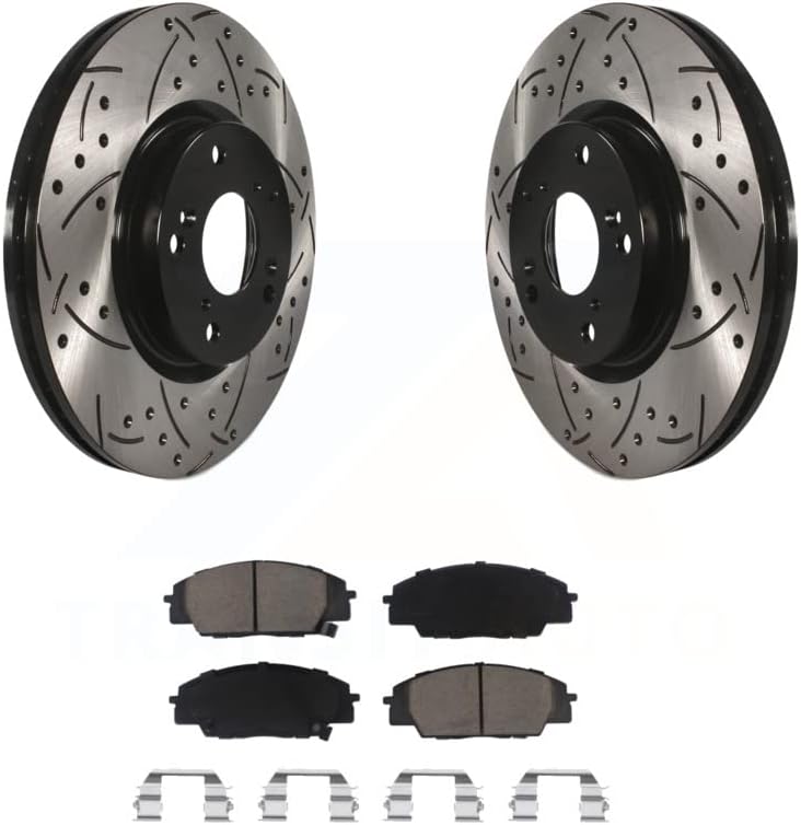 Transit Auto - Front Coated Drilled Slotted Disc Brake Rotors And Ceramic Pads Kit For Honda Civic Acura RSX CSX KDC-100149