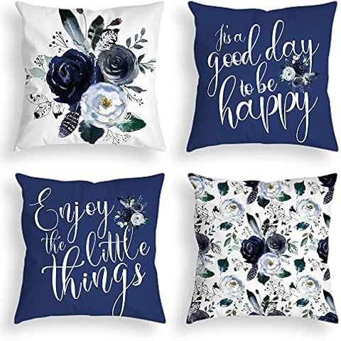 D DIFARIC Navy Blue Throw Pillow Covers 20x20 Inch Floral Roses Flower White Grey Pillows Decorative Throw Pillows Modern Quote Spring Velvet Cushion Case Set of 4 for Couch Bed Sofa Cover