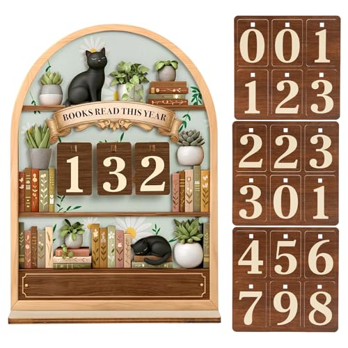 Bücherregal Deko, Holz Lesetracker Deko Schreibtisch mit Schwarzer Katze, Buch Zubehör Komplettes Set für Leseratten und Bookish Stuff, Ästhetische Schreibtischdeko als Geschenk für Leseratte
