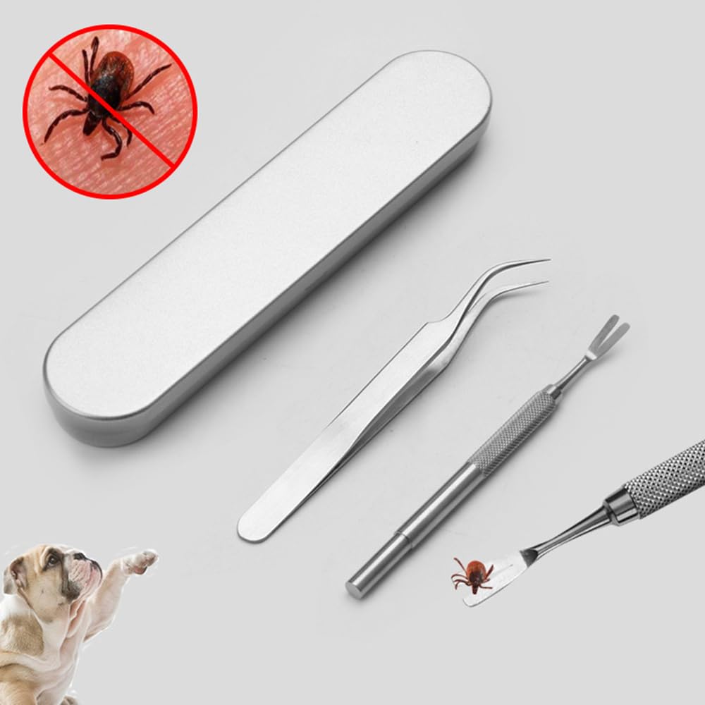 Sarini Ensemble d'outils de Suppression de tiques en Acier Inoxydable de 4 pièces,1 Pince à épiler pour enlever Les tiques， 1 pièce de râteau Tranchant,d'élimination des tiques pour Chiens et Chats