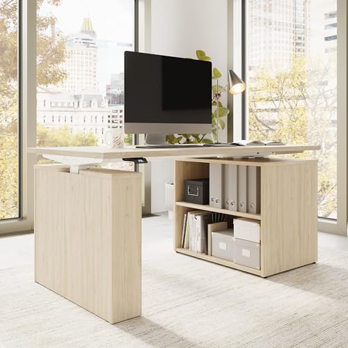 Image of Bush Business Furniture 60-inch Electric Height Adjustable Standing Desk with Bookcase, Ergonomic Sit-Stand Computer Table for Office, Stratus Collection, Natural Elm with White Base