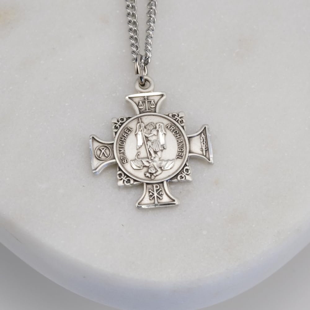 Women's .925 Sterling Silver Saint St. Michael Maltese Cross Pendant Necklace, Archangel Defeating Devil, 18 Inch Rhodium Plated Stainless Steel Chain, Catholic Medal - Made in USA- Deluxe Velvet Gift Box Included