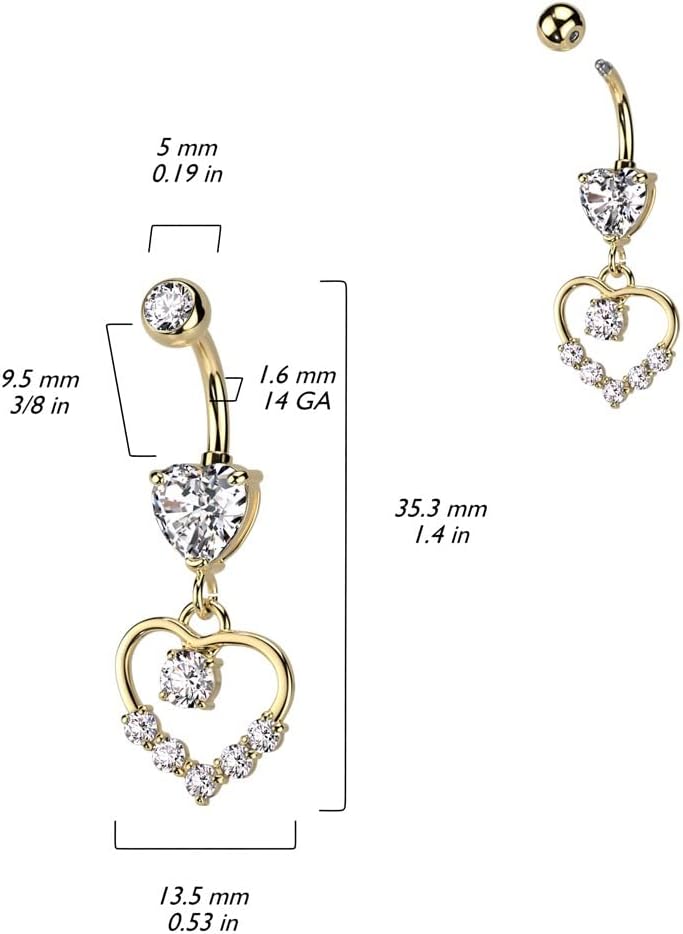 Pierced Owl 14GA 316L Stainless Steel CZ Crystal Hollow Heart Shaped Dangling Belly Button Ring - Image 2