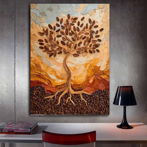 Peinture de l’arbre à grains de café HOQIU, grand tableau décoration murale multicolore