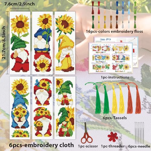 Image of ACRNIGHEET 6PCS Cross Stitch Bookmark Kit for Beginner Gnome Stamped Cross Stitch Kits Needlepoint Kit for Adults DIY Tassel Embroidery Bookmark Kits with Instructions Craft Gift 8.5 inchx3 inch 11CT