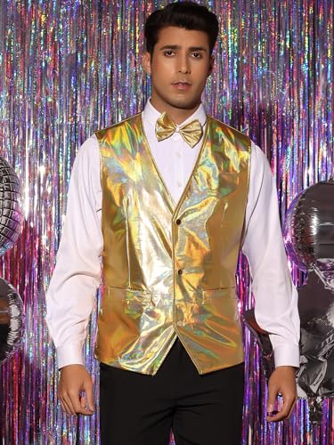 Lars Amadeus Metallic Vest for Men's V-Neck Sleeveless Shiny Disco Party Holographic Waistcoat Bowtie2