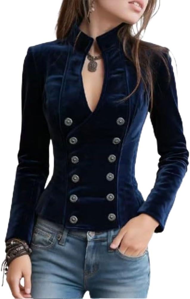 Vintage Velvet Vest for Women Deep Navy Elegant V Neck Waistcoat Fitted Stand Collar Double Breasted Tops Casual Cocktail