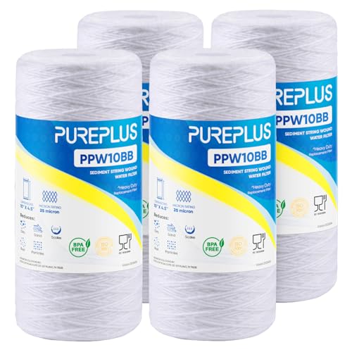 PUREPLUS 25 Micron 10 x 4.5 Whole House String Wound Sediment Filter for Well Water, Replacement Cartridge for 84637, WPX5BB97P, PC10, CW5-BBS, 355215-45, WP10BB97P, WP5BB97P, 4Pack