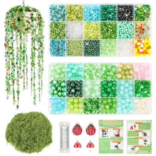 Tuhangcc 4096 Pcs DIY Beaded Plant Kits Forever Leaf Flower Kit Green Glass Beads with Detailed Instruction Manual for Vases Potted Plants and Bracelets as a Gift for Craft Enthusiasts