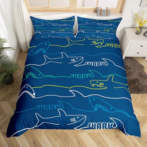 Shark Printed Bedding Set Queen,Sea Animals Comforter Cover for Boys
