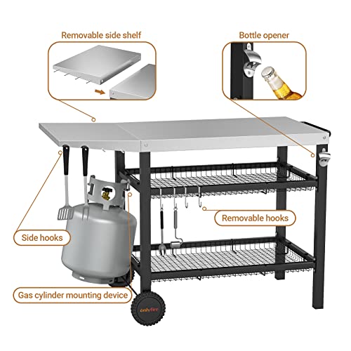 onlyfire Pizza Oven Table Cart for Ooni, Ninja Woodfire, Blackstone Griddle, Cuisinart Pizza Oven, Outdoor Stainless Steel Food Prep Table Movable Food Prep Cart Grill Stand with Storage Basket by onlyfire - Image 4