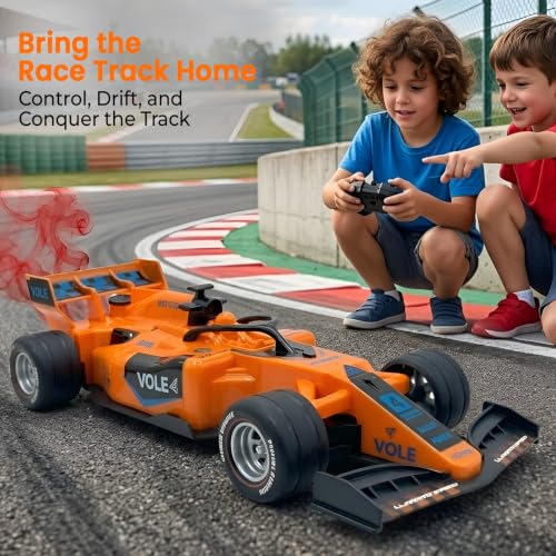 Image of WireScorts Rechargeable High Speed F1 Formula Racing Car with Smoke Spray and Lights for Kids, RC Car for 4-15 Years Old Boys, Racing Car for Kids, Smoke Mist Spray & LED Lights - Orange