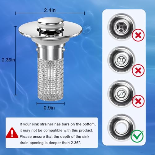 2PCS Sink Stopper Hair Catcher, Pop-up Sink Drain Strainer with Removable Stainless Steel Strainer Basket Hair Catcher, Bathroom Sink Strainer for Bathroom Sink Stopper Replacement
