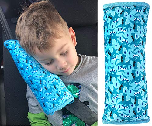 Almohadilla HECKBO® para coche con dibujo de tiburones para niños - lavable a máquina - suave, tacto de peluche - almohadilla de alta calidad para el cinturón de seguridad, funda de cinturón