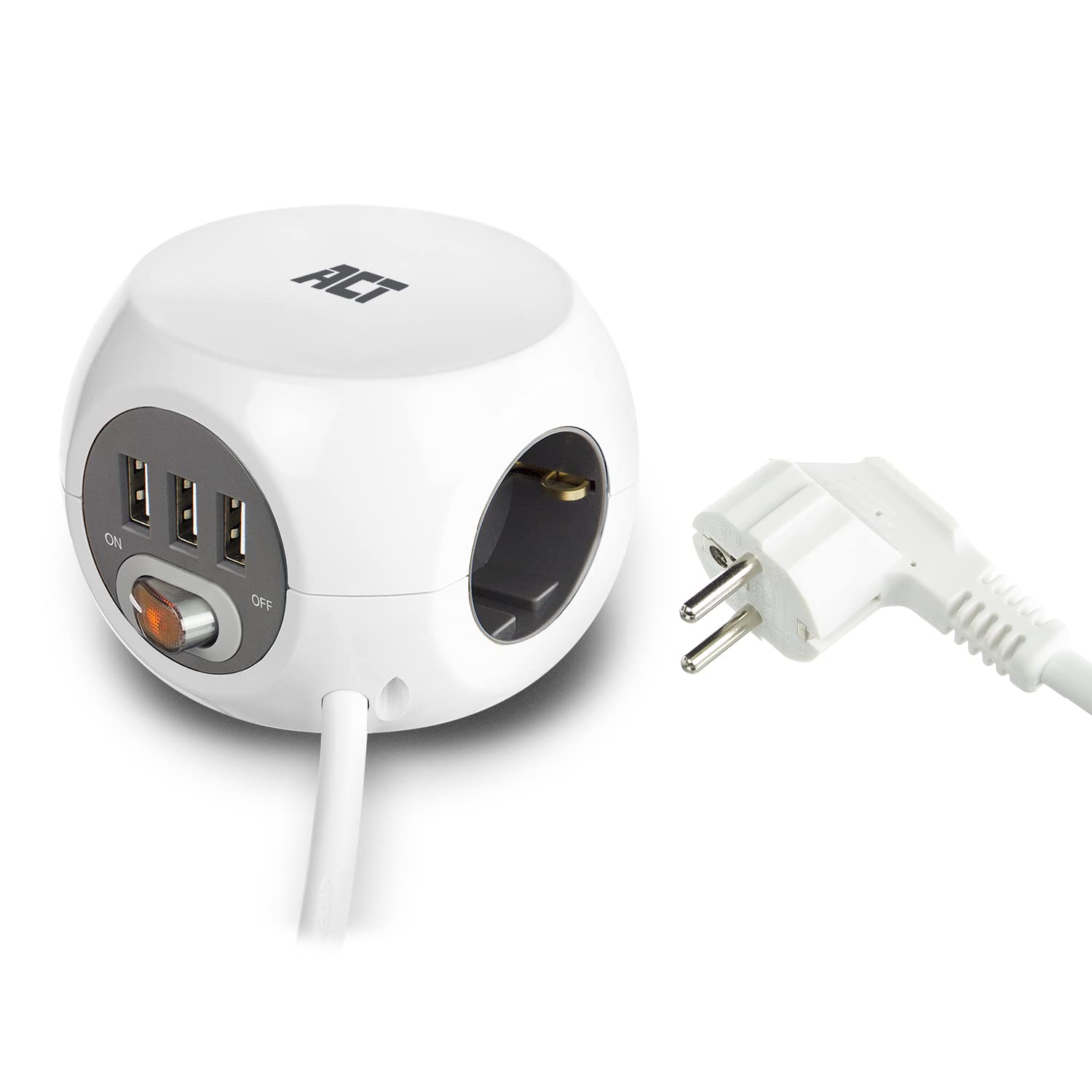 ACT Enchufe Con USB Y Cable De 3 M, Powercube 3 Conectores USB-A (2,4 A/12 W) Con Interruptor, 3 Enchufes, Incluye Almohadilla Adhesiva Para Cocina, Oficina, Salón, Longitud Del Cable 3 M