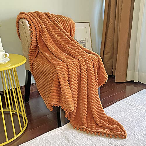 DISSA Flannel Blanket Super Soft Fluffy Blanket for Couch Sofa Bed Plush Fleece Blanket Comfy Blanket with Strip Cozy Throw Blanket Warm Blanket with Pompom Fringe Travel Blanket (Orange, 51"x63")