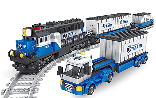 Bausteine Zug, Güterzug Bauset mit Wagons, Schienen,Container LKW, 1008 Klemmbausteine – Bild 3