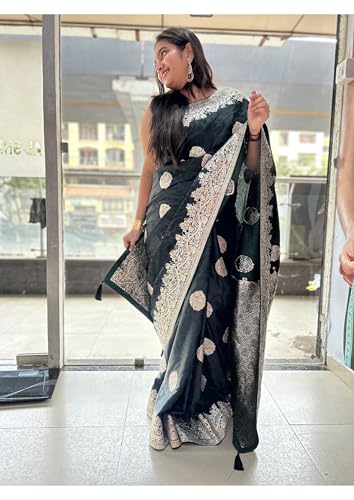 Image of Women's Banarasi Silk Georgette Saree Featuring Silver Sequin And Mirror Work