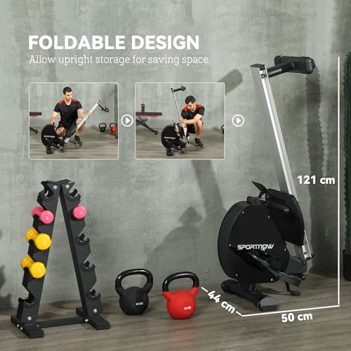 SPORTNOW Magnetic Rowing Machine for Home Use, Compact Folding Rower Machine with Dual Aluminium Slid Rail, 16 Resistances, LCD Monitor, Vertical Storage, for Cardio Training, 150kg Weight Capacity - Image 4