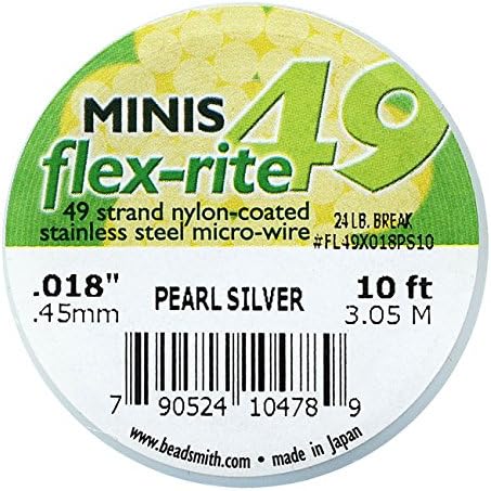Beadsmith Flex-Rite Beading Wire, 49 Strand .018" Thick, 10 Foot Spool, Pearl Silver