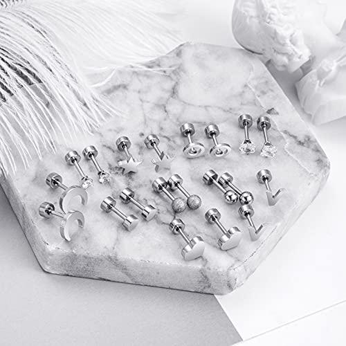 Plomfov Stainless Steel Stud Earrings Set For Women Men 18G Cartilage Stud Earrings Moon Star Triangle Circle Heart Square Butterfly Cz Stainless Steel Flat Back Earrings Piercing Jewelry #TOP4