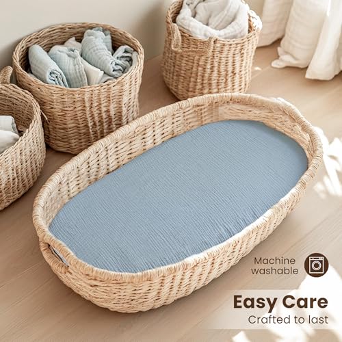 Image of Konssy 2 Pack Muslin Bassinet Sheets for Boys, Girls, 100% Cotton Soft Breathable Fitted Bassinet Mattress Sheet, 32 x 16 inches (Star,Blue)