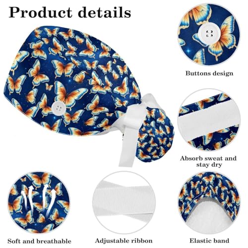 Image of Colored Butterflies Scrub Caps Women Ponytail, Adjustable Bouffant Surgical Caps with Button, Nurse Hats Long Hair