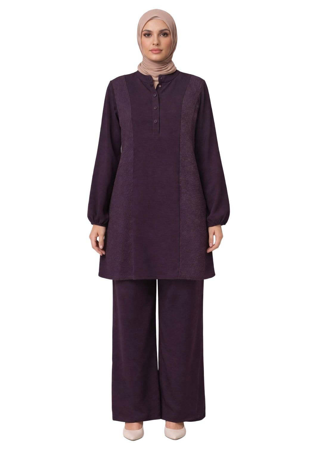 "adh dhuha" Women's Modest Co-Ord Set, Linen Blend, Longline Top with Elastic Waist Pants, Oversized Fit, Classic Style, 2 Piece-picture-24
