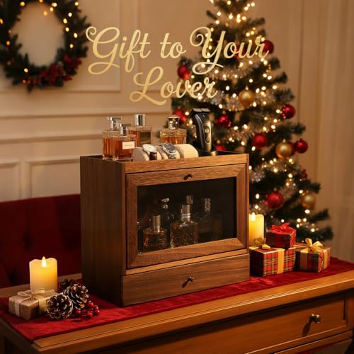 Image of Cologne Organizer for Men,Perfume Stand Holder,Cologne Shelf, Solid Wood Cologne Stand with Drawer Storage and Clear Window,Organizador de Perfumes,Perfume Stand Organizer,Brown