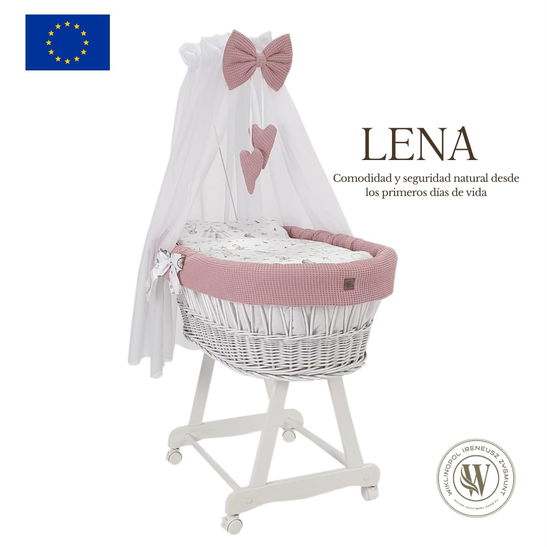 Wiklinopol Moisés con dosel Lena – Moisés de mimbre con estructura – Cesta para bebé en color blanco, juego completo con 5 piezas, ropa de cama de conejito rosa – con ruedas, portátil, segura