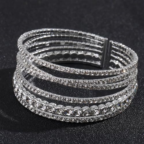 NEWITIN 2 Pieces Rhinestone Cuff Bracelet for Women Crystal Multilayer Bridal Bracelet Silver Adjustable Bangle Sparkling Rhinestone Open Bracelets for Women Costume Jewelry Dance Party Wedding4
