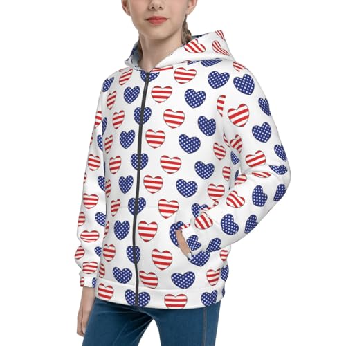 Heart Shaped American Flag Kids Pullover Hoodies Boys Zip Up Sweatshirts Girls Athletic Clothes with Pocket