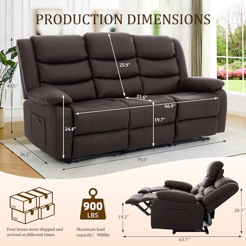 Korser Recliner Sofa, Reclining Loveseat with Console, Oversized Reclining Couch with Drop Down Table, 3-Seater Sofa with Cup Holder and Recessed Power Strip, Brown - image 2