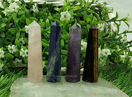 Image of Amazing Gemstone Set of 4 Lapis Lazuli, Tiger Eye, Amethyst, Rose Quartz Crystal Towers - Natural Healing Crystal Point Obelisk for Reiki Healing and Crystal Grid (2 Inch to 3 Inch)