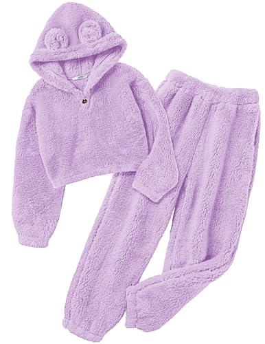 Image of Arshiner Girls 2 Piece Outfits Sweatsuit Fuzzy Long Sleeve Bear Ear Hoodie Sweatshirt and Sweatpant Kids Clothing Sets
