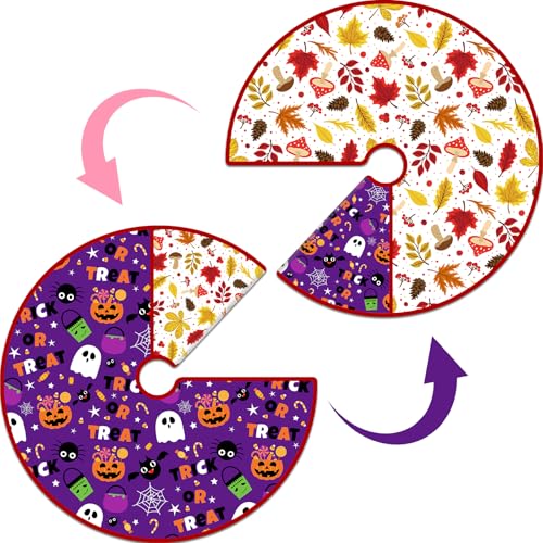 Fall Tree Skirt Halloween 36 Inch Reversible Thanksgiving Day Double Sided Print Mat Christmas Party Supplies for Home Tabletop Trees Holiday Decoration (Fall/Halloween)