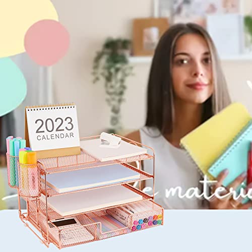 Spacrea Desk Organizers and Accessories - 4 Tier Letter Tray Paper Organizer with Drawer and 2 Pen Holder, Desktop File Organizer for Office Supplies(Rose Gold) - Thumbnail 6
