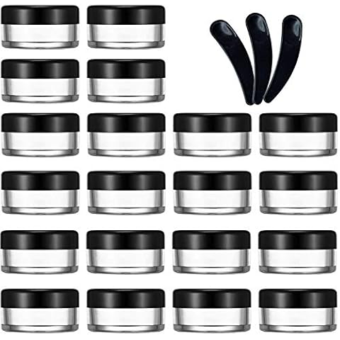 JamHooDirect 20Pcs Empty Cosmetic Pots Round Clear Plastic Sample Containers with Black Screw Cap Lid & 3 Pieces Mini Spatula for Cosmetics, Sample, Lotion, Creams, Make Up, Beads, Charms Storage (10g Cover