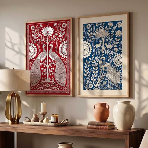 Image of kotart Decorative Traditional Wall Art Home Decor Madhubani Painting poster With Frame For Living Room Bed Room Hotel Wall Decor Digital Reprint Set of 2 (10X13 INCH)