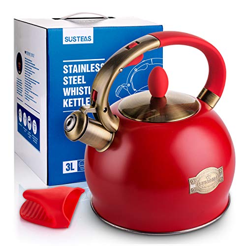SUSTEAS Red Stove Top Whistling Tea Kettle-Surgical Stainless Steel Teakettle Teapot with Cool Toch Ergonomic Handle,1 Free Silicone Pinch Mitt Included，2.64 Quart - Thumbnail 4