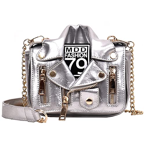 Women Crossbody Bags Chain Shoulder Jacket Bags Motorcycle Messenger Bag Leather Handbags for Girls Purse (Silver)