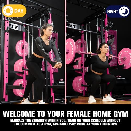 Image of RitFit M1 Pro Smith Machine Package, All-in-One Power Cage with Weight Stack Set, Includes LAT Pulldown & Cable Crossover System for Home Gym
