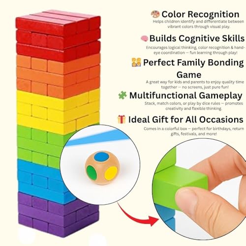 Image of TOYTONIC Montessori Wooden Toys - Colourful Wooden Blocks for Boys 7-14 Years | Indoor Balancing & Building Game | Kids Activity Tower Block for Cognitive Development & Fun