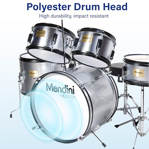 Image of Mendini by Cecilio 16 inch 5-Piece Complete Kids /Junior Drum Set with Adjustable Throne, Cymbal, Pedal & Drumsticks, Metallic Silver, MJDS-5-SR
