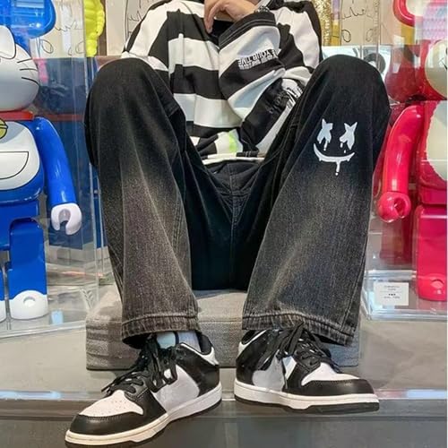 Baggy Jeans Men Washed Graphic Smlie Face Wide Leg Denim Pants Straight Leg Graffiti Streetwear for Skater Jeans3